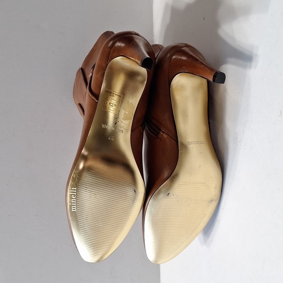 Minelli Brown Leather Made in Brazil Preppy Pointed Toe Heeled Boots Size 37=7US - Picture 9 of 12